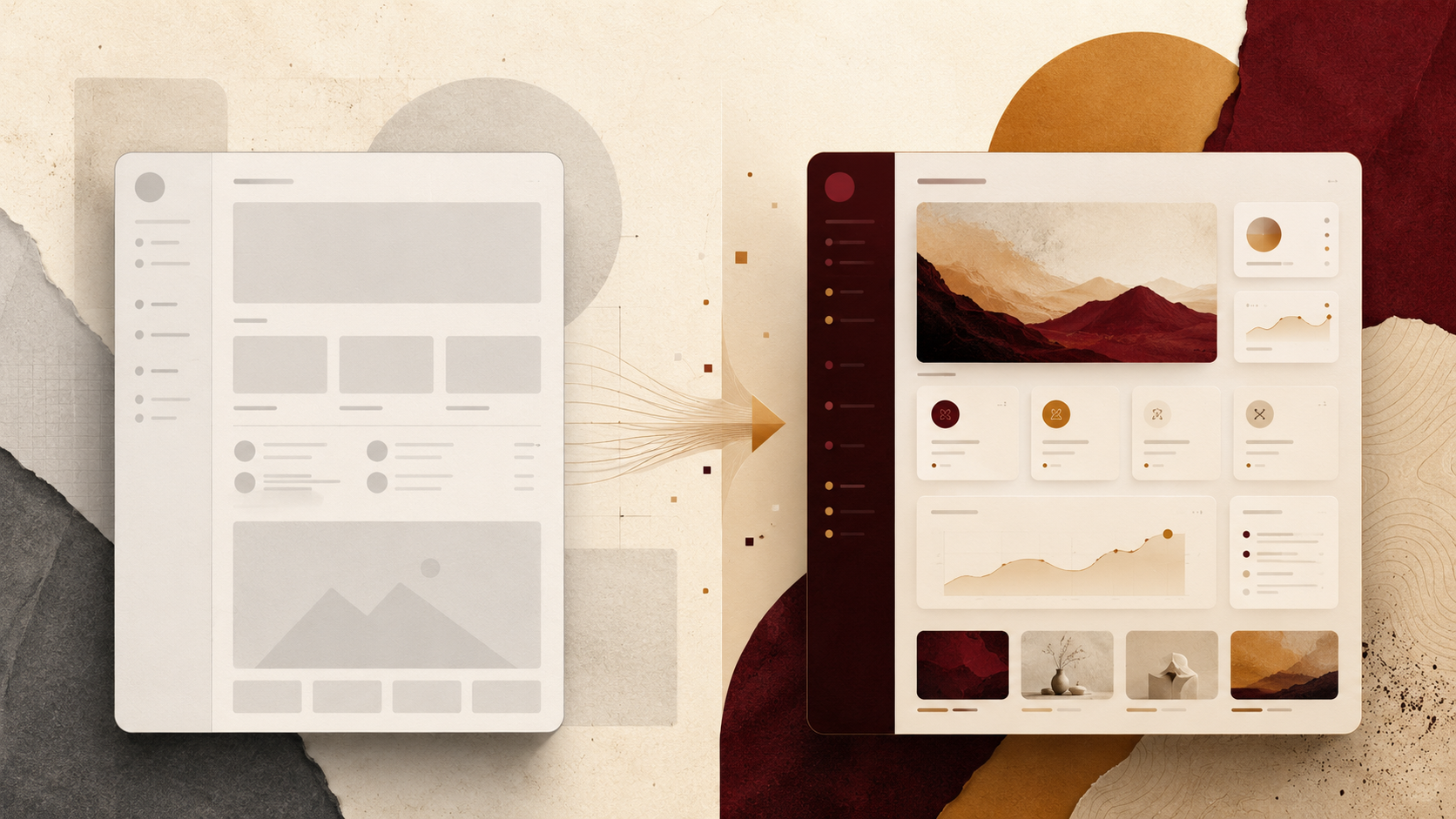 Editorial illustration of generic AI-built apps becoming a distinct finished design prompt system